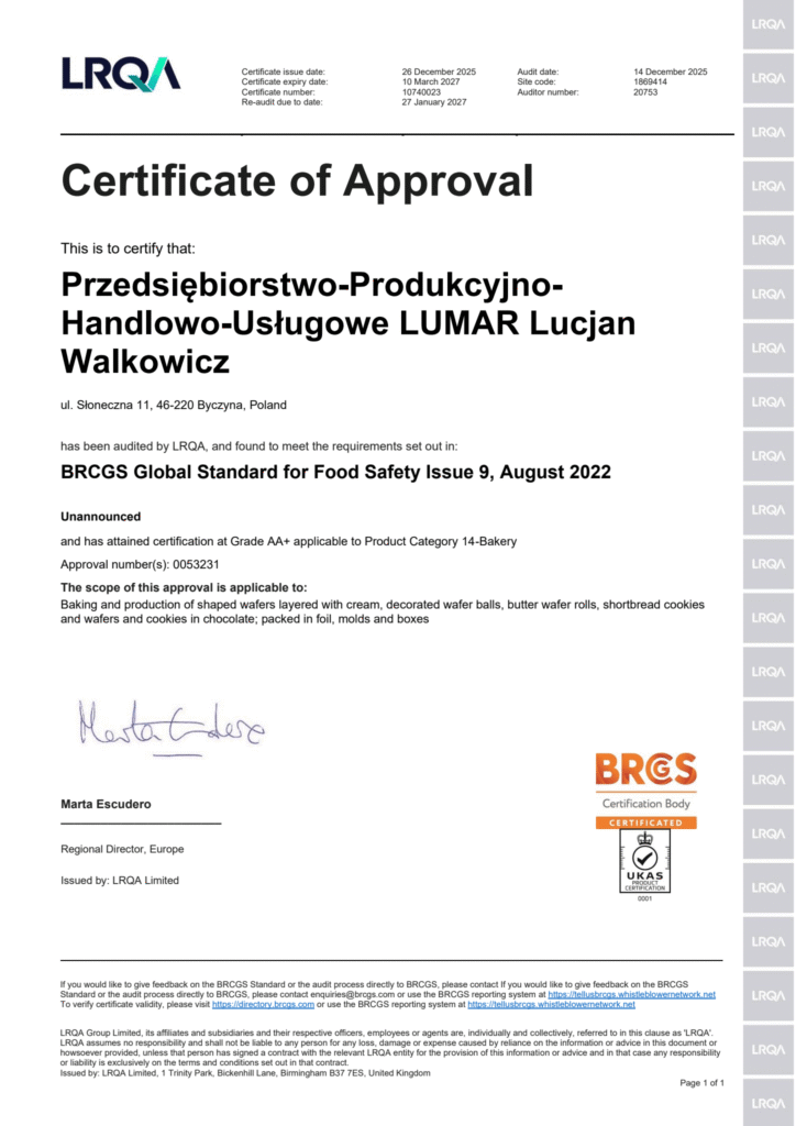 Certyfikat BRC Global Standard for Food Safety - LUMAR