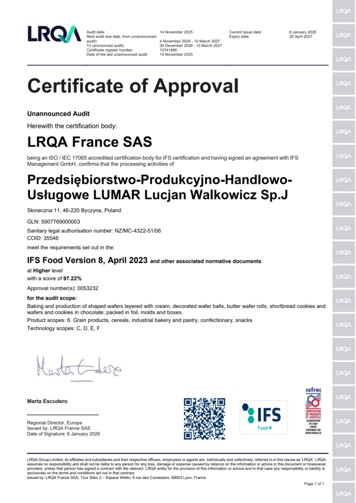 Certyfikat IFS Food - LUMAR